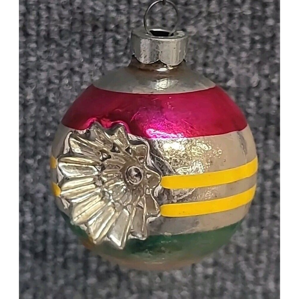 Vtg Double Indent Pink Yellow Green Striped Christmas Ornament Shiny Brite 2” - Picture 2 of 4